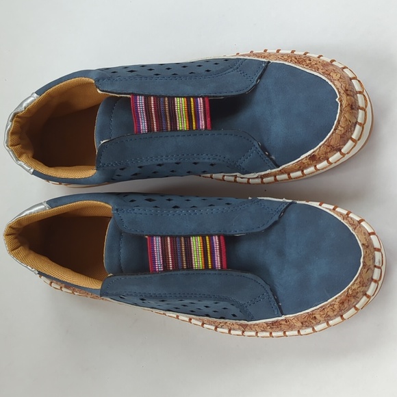 Faux Suede Leather Perforated Cork Look Slip On Sneaker 8 Blue - Picture 5 of 16